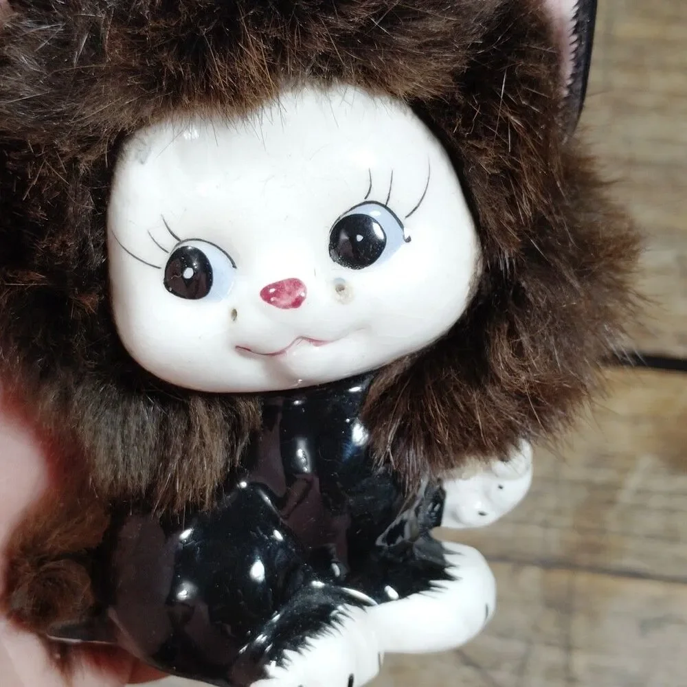 Vintage 50s Sweet Anthropomorphic Black Fuzzy Fur Cat Figurine Kitsch Japan